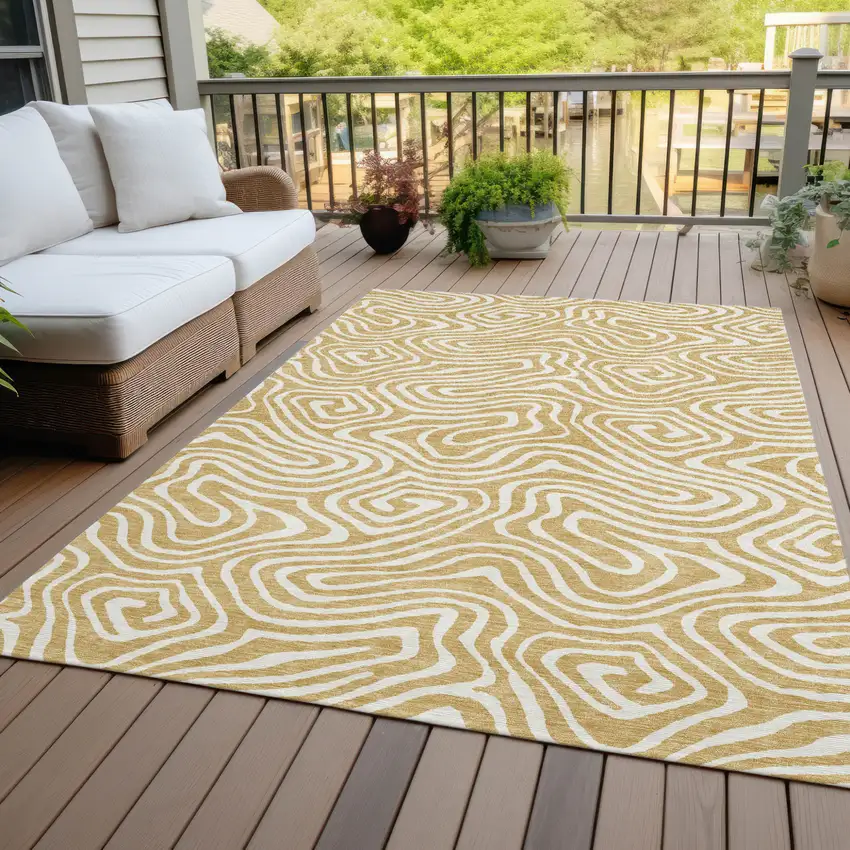 Gold And Beige Abstract Washable Indoor Outdoor Area Rug Photo 9
