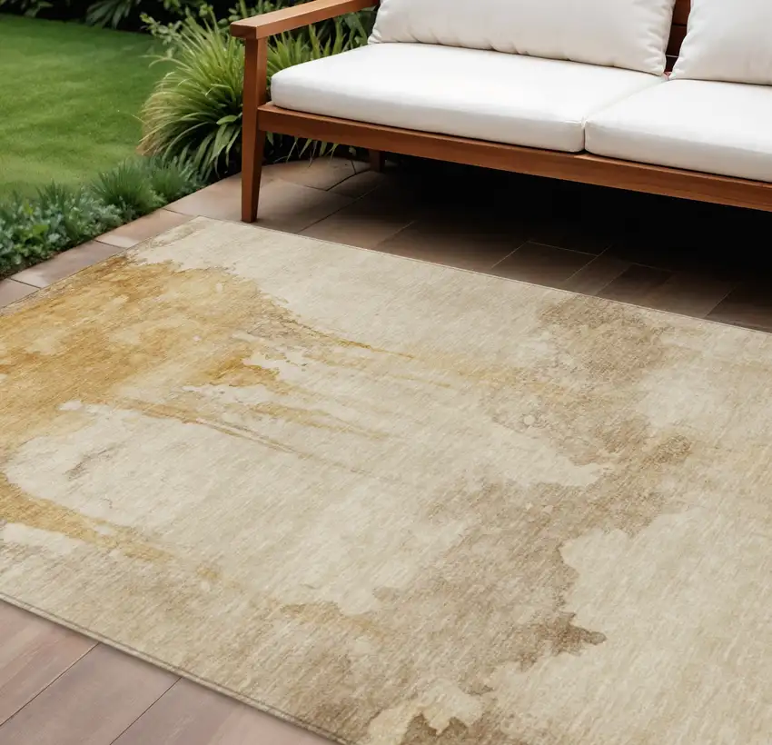 Gold And Beige Abstract Washable Indoor Outdoor Area Rug Photo 2