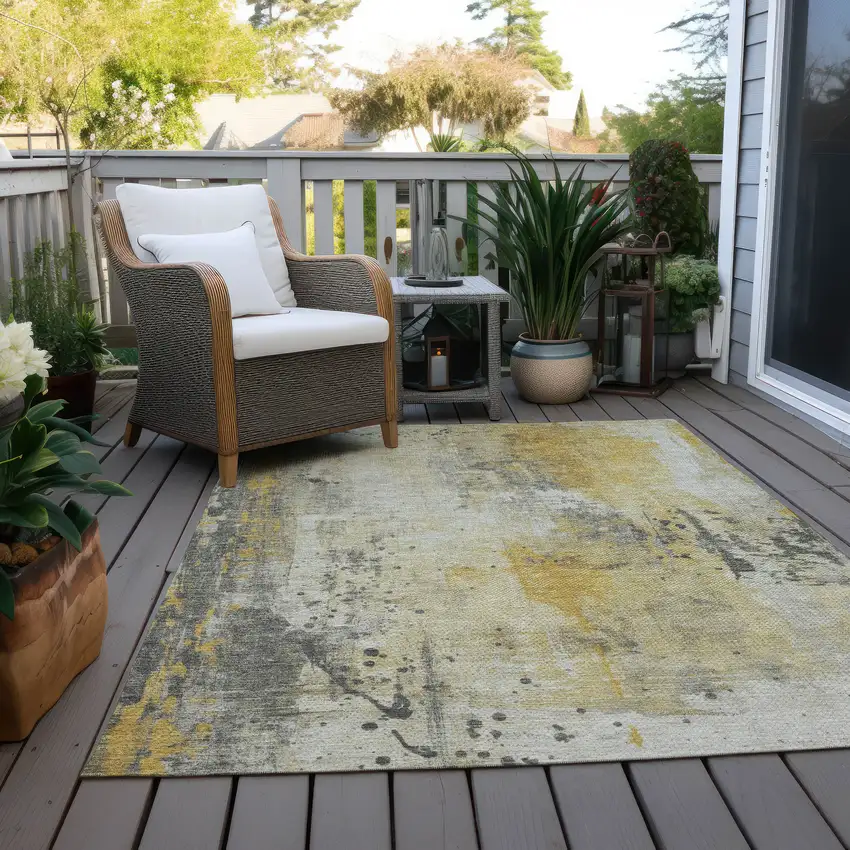 Gold And Beige Abstract Washable Indoor Outdoor Area Rug Photo 9
