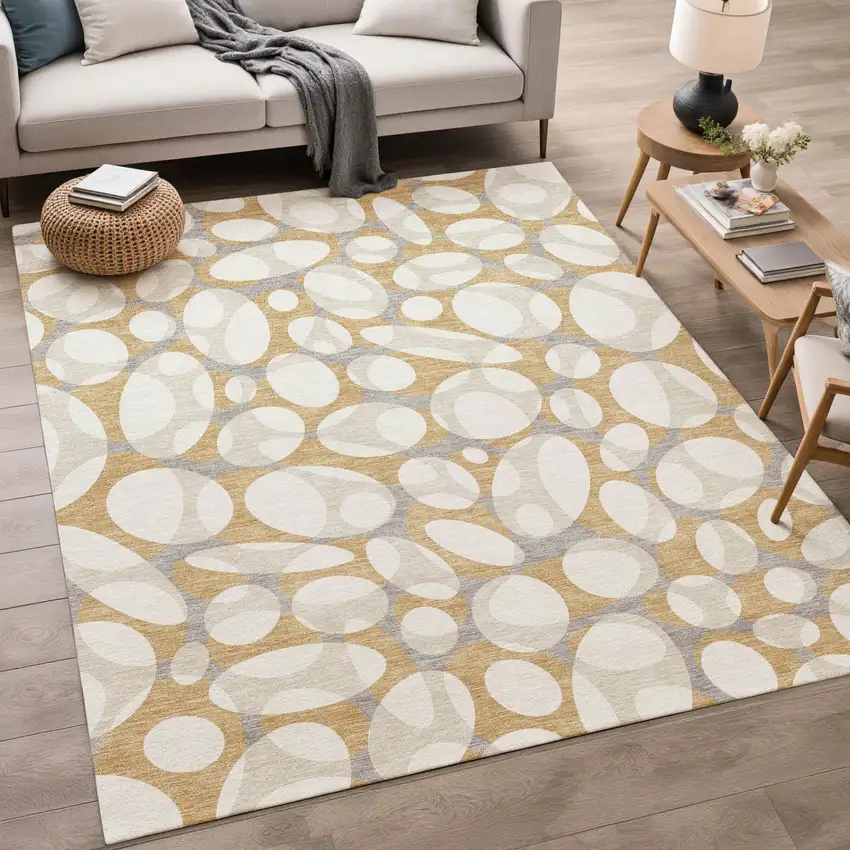 Gold And Beige Abstract Washable Indoor Outdoor Area Rug Photo 5