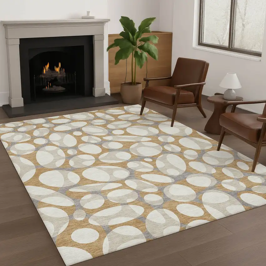 Gold And Beige Abstract Washable Indoor Outdoor Area Rug Photo 6
