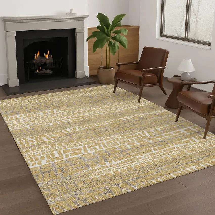 Gold And Beige Abstract Washable Indoor Outdoor Area Rug Photo 6