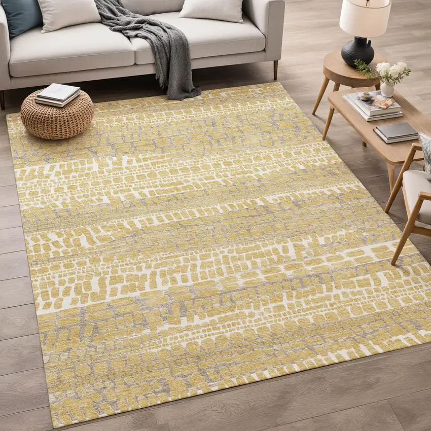 Gold And Beige Abstract Washable Indoor Outdoor Area Rug Photo 5