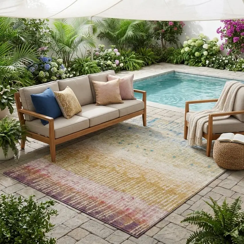 Gold And Beige Abstract Washable Indoor Outdoor Area Rug Photo 1