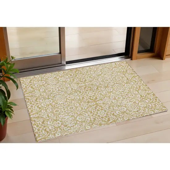 Gold And Beige Damask Washable Indoor Outdoor Area Rug Photo 1