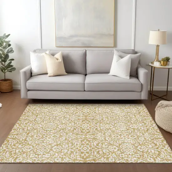 Gold And Beige Damask Washable Indoor Outdoor Area Rug Photo 9