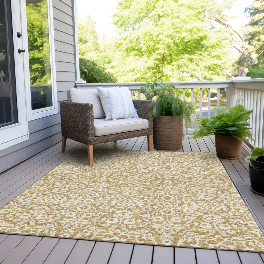 Gold And Beige Damask Washable Indoor Outdoor Area Rug Photo 8
