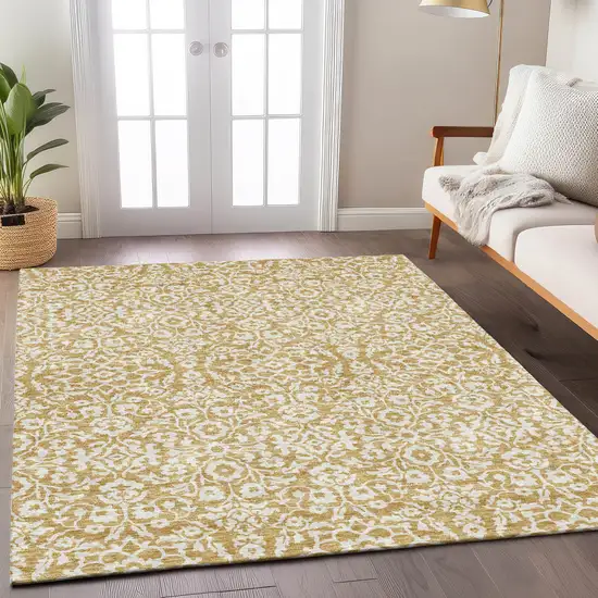 Gold And Beige Damask Washable Indoor Outdoor Area Rug Photo 9