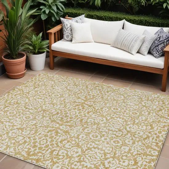 Gold And Beige Damask Washable Indoor Outdoor Area Rug Photo 1