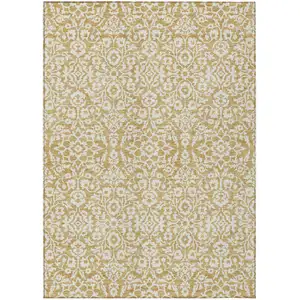 Photo of Gold And Beige Damask Washable Indoor Outdoor Area Rug