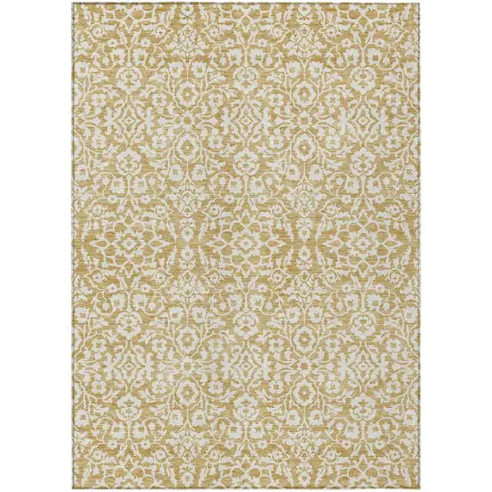 Gold And Beige Damask Washable Indoor Outdoor Area Rug Photo 2