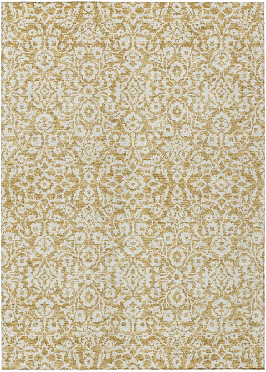 Gold And Beige Damask Washable Indoor Outdoor Area Rug Photo 2