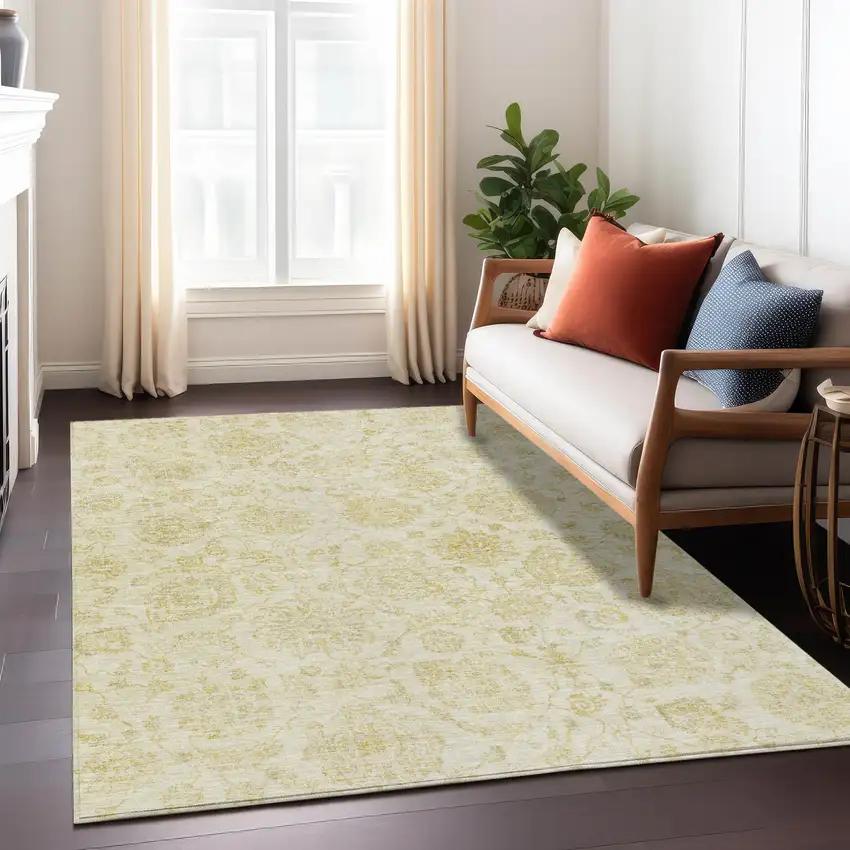 Gold And Beige Damask Washable Indoor Outdoor Area Rug Photo 7