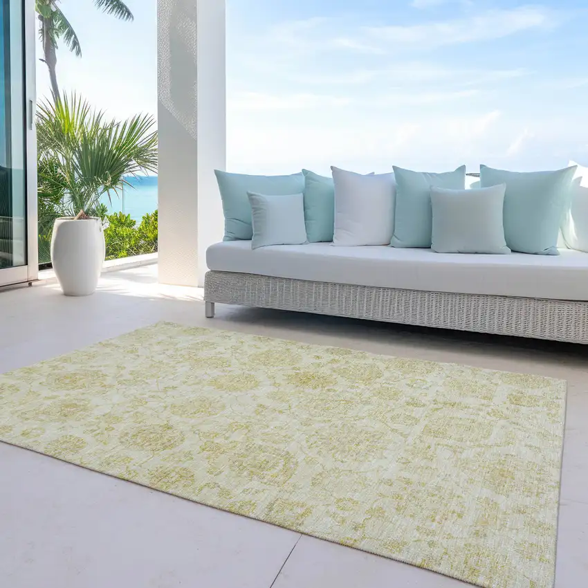 Gold And Beige Damask Washable Indoor Outdoor Area Rug Photo 5