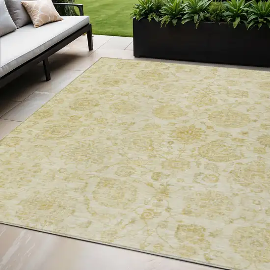 Gold And Beige Damask Washable Indoor Outdoor Area Rug Photo 2