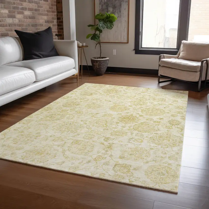 Gold And Beige Damask Washable Indoor Outdoor Area Rug Photo 6