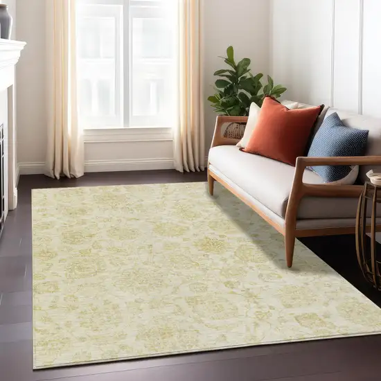 Gold And Beige Damask Washable Indoor Outdoor Area Rug Photo 7