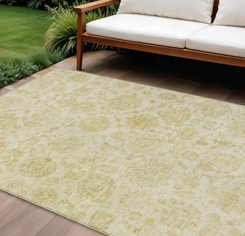 Gold And Beige Damask Washable Indoor Outdoor Area Rug Photo 2