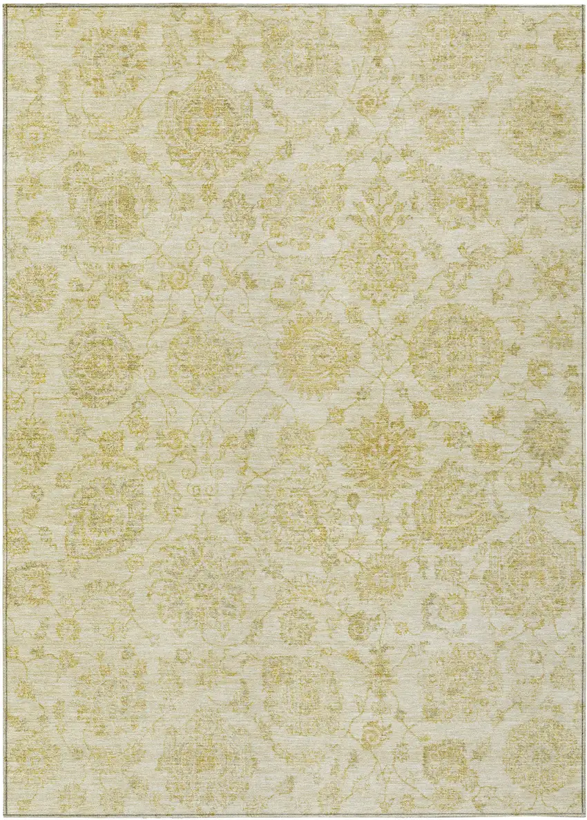 Gold And Beige Damask Washable Indoor Outdoor Area Rug Photo 1