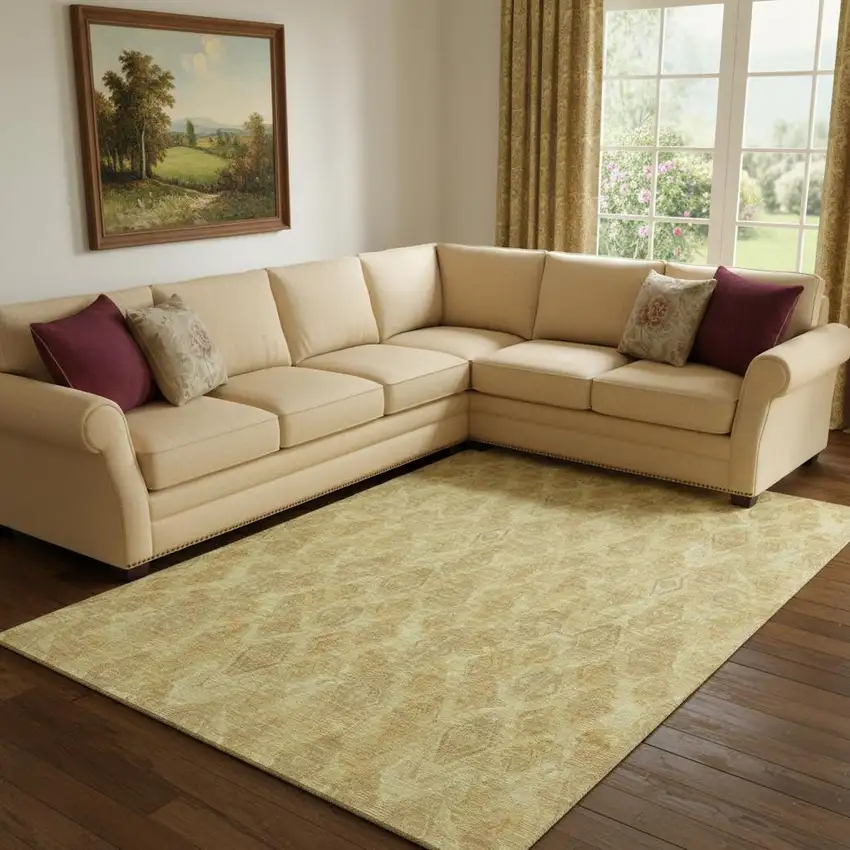 Gold And Beige Diamond Washable Area Rug With UV Protection Photo 1