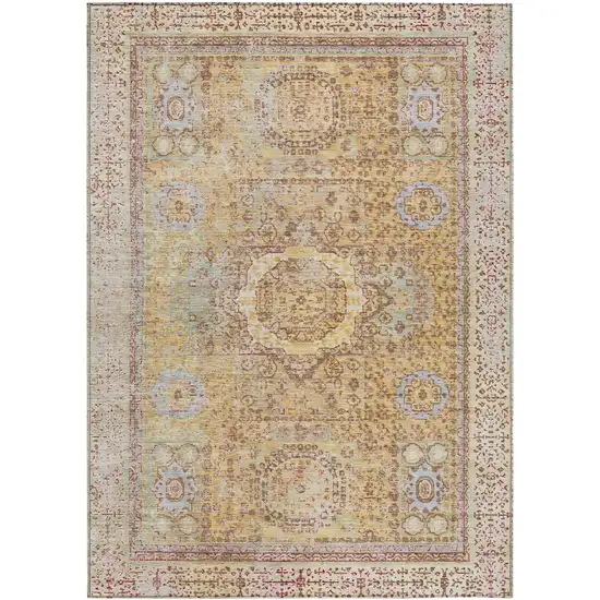 Gold And Beige Floral Medallion Washable Indoor Outdoor Area Rug Photo 1