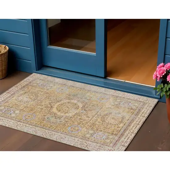 Gold And Beige Floral Medallion Washable Indoor Outdoor Area Rug Photo 2