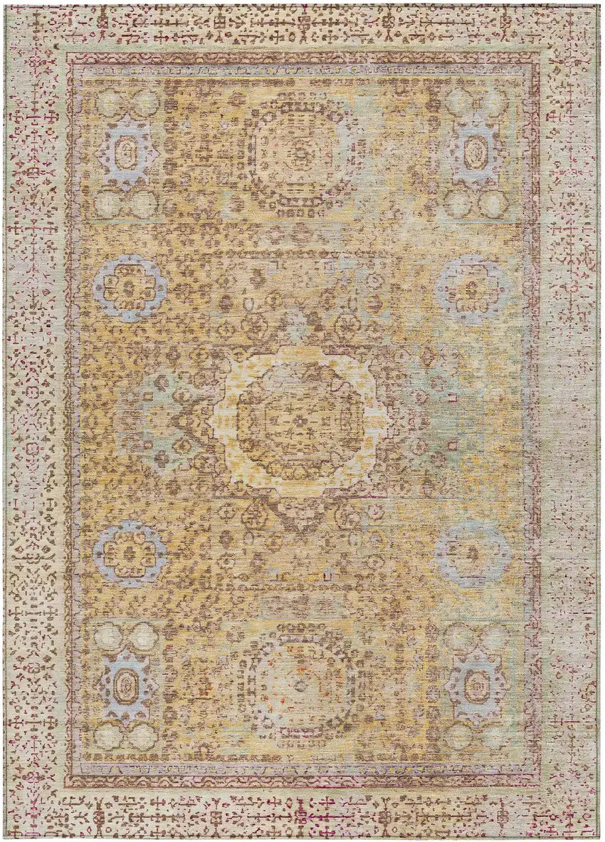 Gold And Beige Floral Medallion Washable Indoor Outdoor Area Rug Photo 4