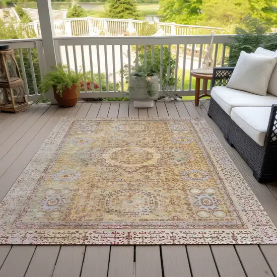 Gold And Beige Floral Medallion Washable Indoor Outdoor Area Rug Photo 9