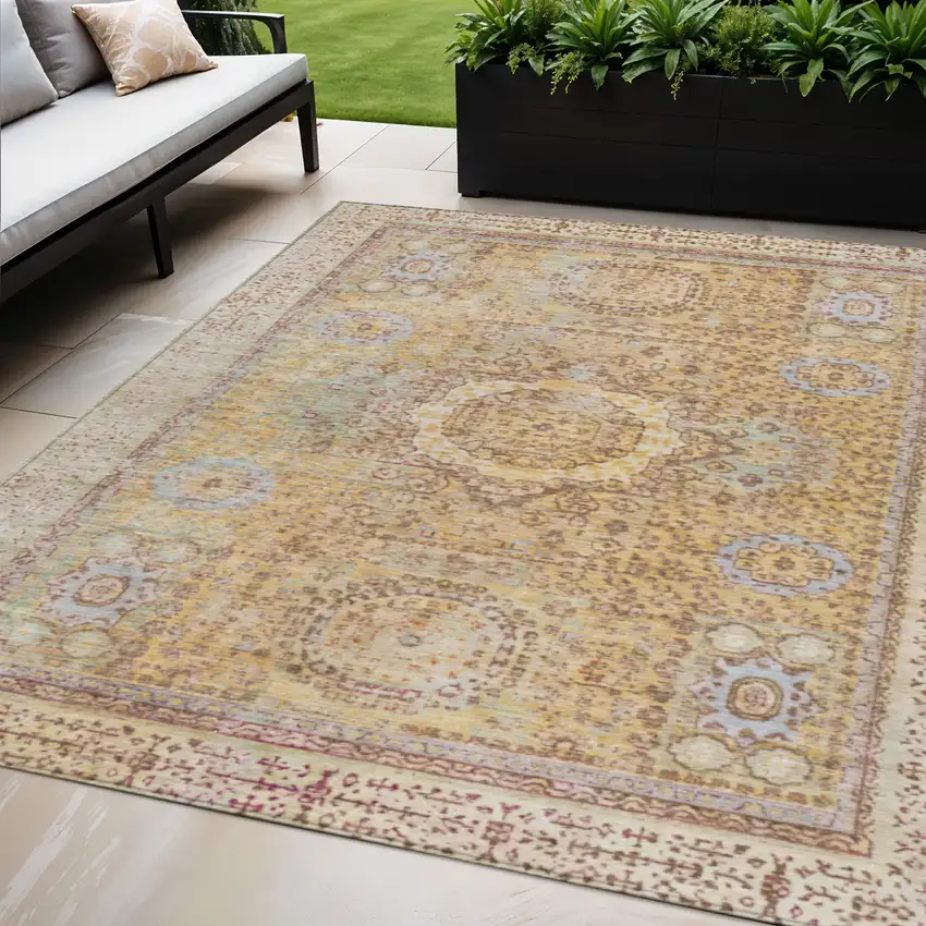 Gold And Beige Floral Medallion Washable Indoor Outdoor Area Rug Photo 2
