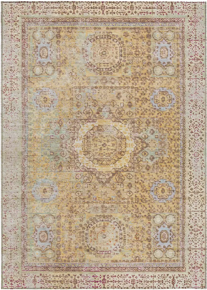 Gold And Beige Floral Medallion Washable Indoor Outdoor Area Rug Photo 1