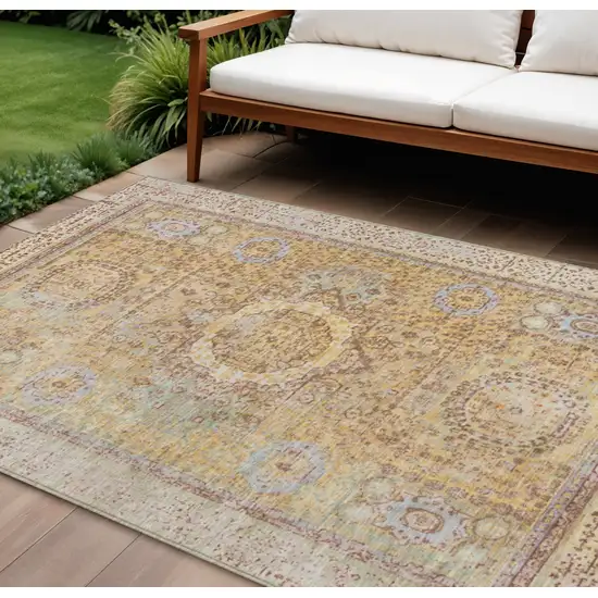 Gold And Beige Floral Medallion Washable Indoor Outdoor Area Rug Photo 2