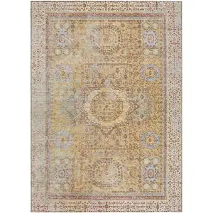 Photo of Gold And Beige Floral Medallion Washable Indoor Outdoor Area Rug