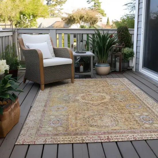 Gold And Beige Floral Medallion Washable Indoor Outdoor Area Rug Photo 6