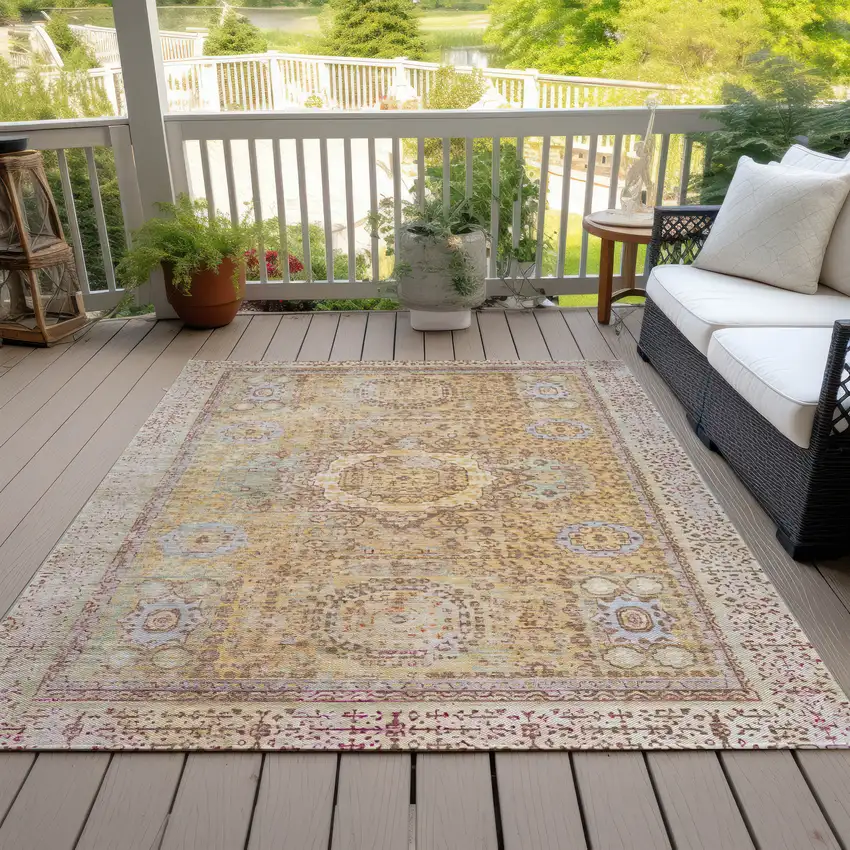 Gold And Beige Floral Medallion Washable Indoor Outdoor Area Rug Photo 9