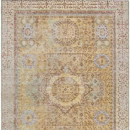 Gold And Beige Floral Medallion Washable Indoor Outdoor Area Rug Photo 4