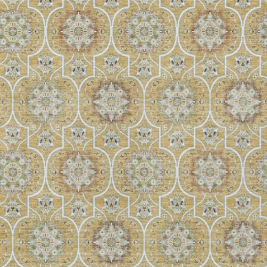 Gold And Beige Floral Medallion Washable Indoor Outdoor Area Rug Photo 3