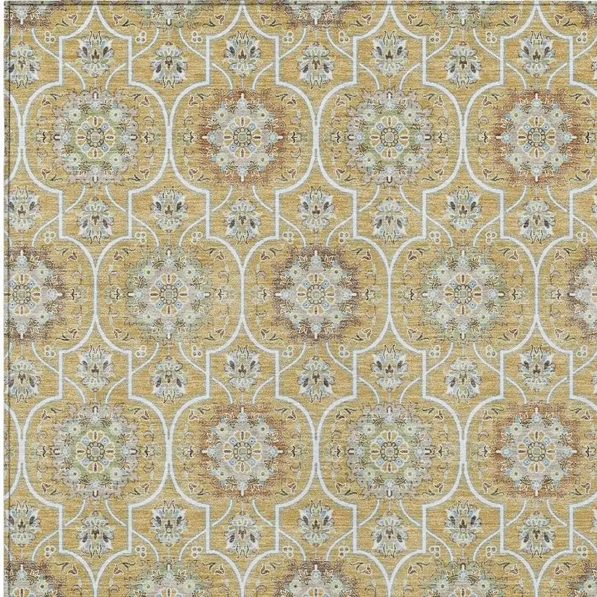 Gold And Beige Floral Medallion Washable Indoor Outdoor Area Rug Photo 5