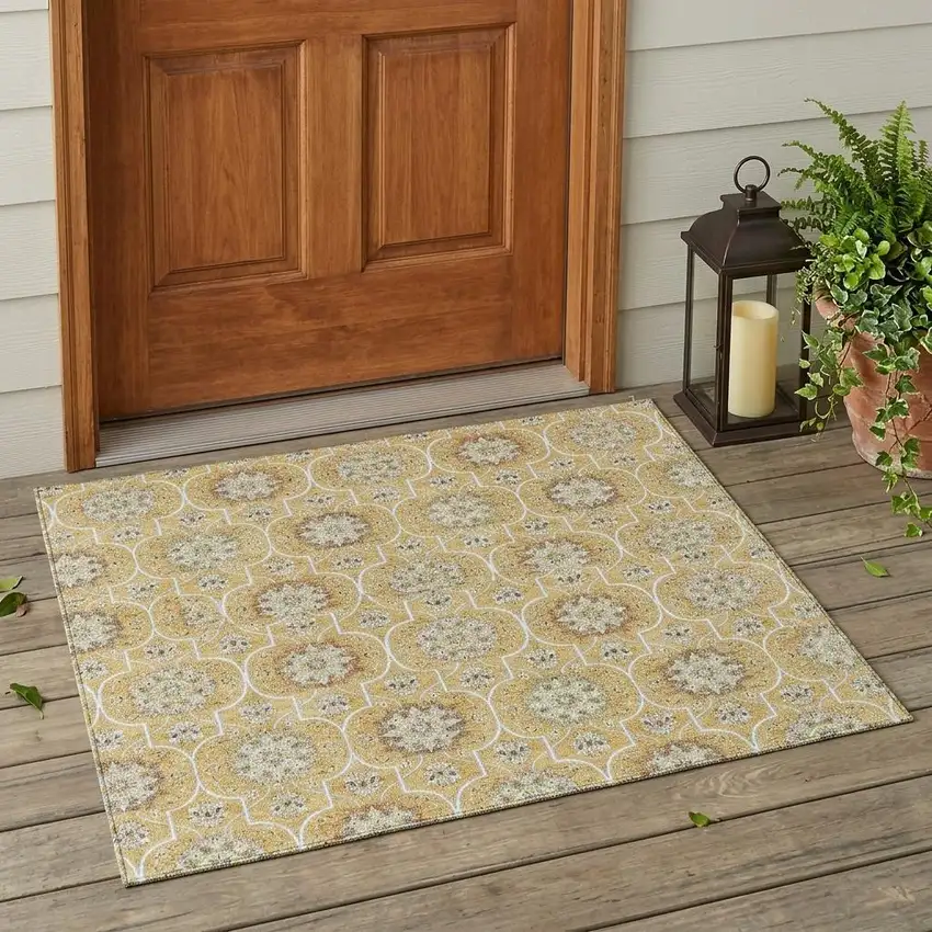 Gold And Beige Floral Medallion Washable Indoor Outdoor Area Rug Photo 1