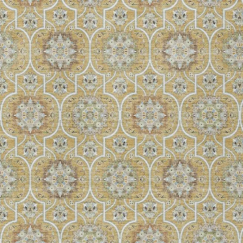 Gold And Beige Floral Medallion Washable Indoor Outdoor Area Rug Photo 5