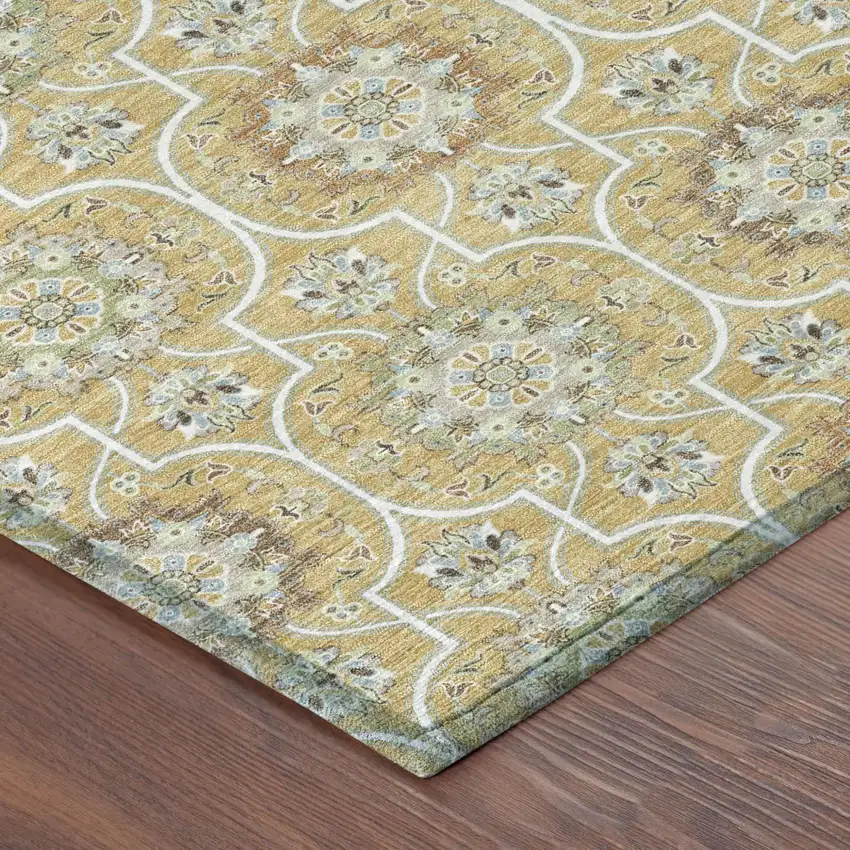 Gold And Beige Floral Medallion Washable Indoor Outdoor Area Rug Photo 7