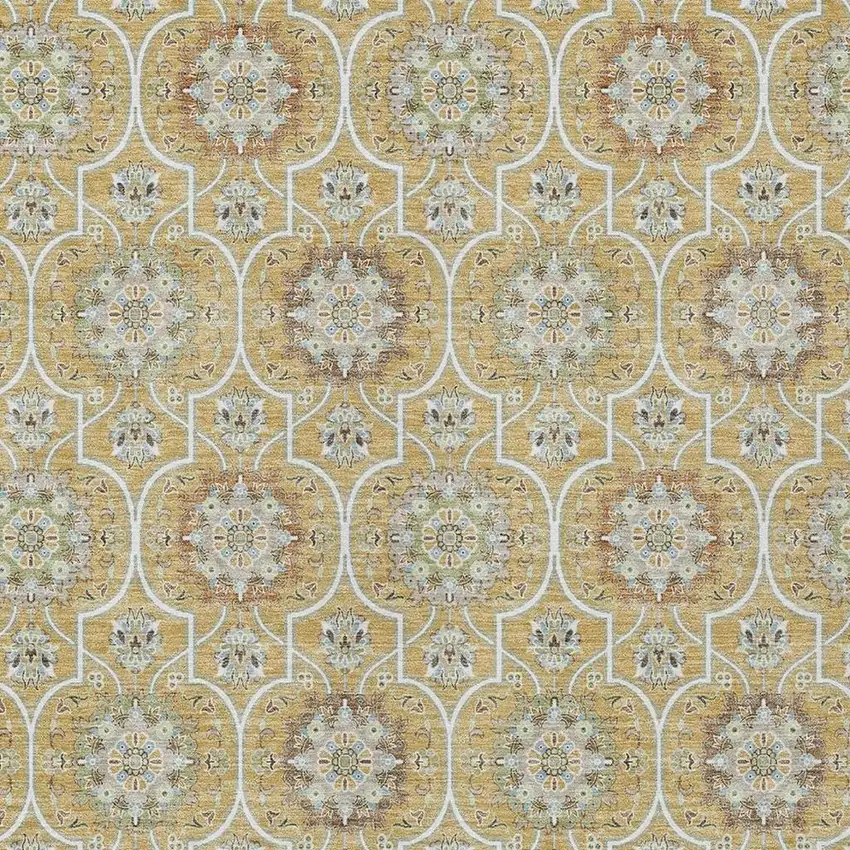 Gold And Beige Floral Medallion Washable Indoor Outdoor Area Rug Photo 3