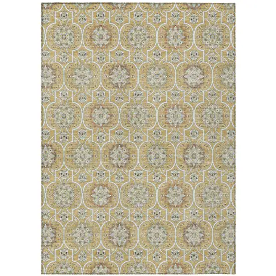 Gold And Beige Floral Medallion Washable Indoor Outdoor Area Rug Photo 2