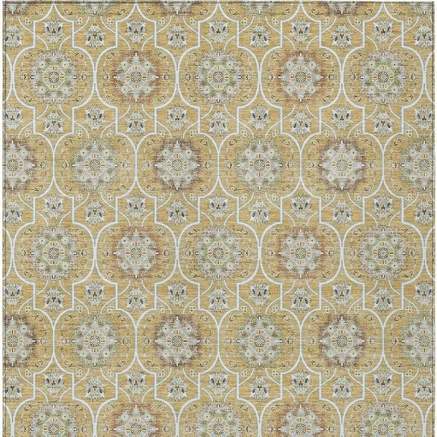 Gold And Beige Floral Medallion Washable Indoor Outdoor Area Rug Photo 6