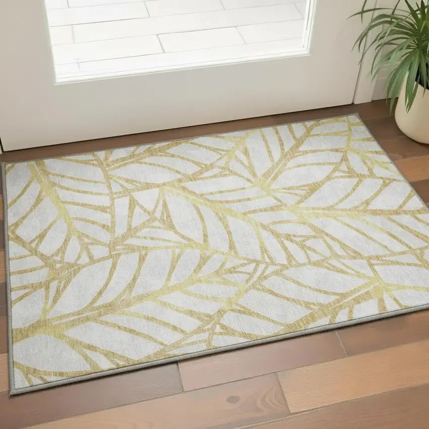 Gold And Beige Floral Washable Area Rug With UV Protection Photo 2