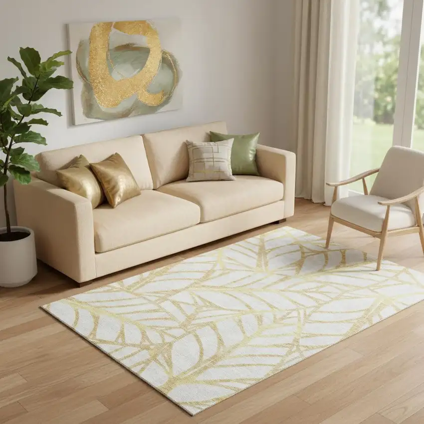 Gold And Beige Floral Washable Area Rug With UV Protection Photo 1