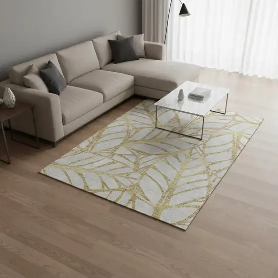 Gold And Beige Floral Washable Area Rug With UV Protection Photo 2