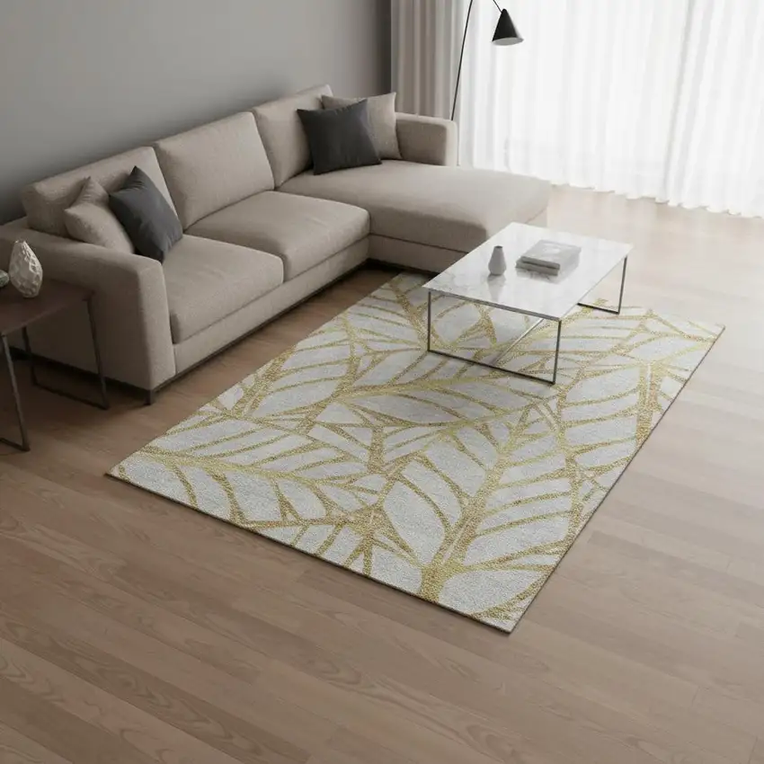 Gold And Beige Floral Washable Area Rug With UV Protection Photo 2