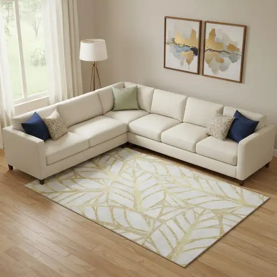 Gold And Beige Floral Washable Area Rug With UV Protection Photo 1