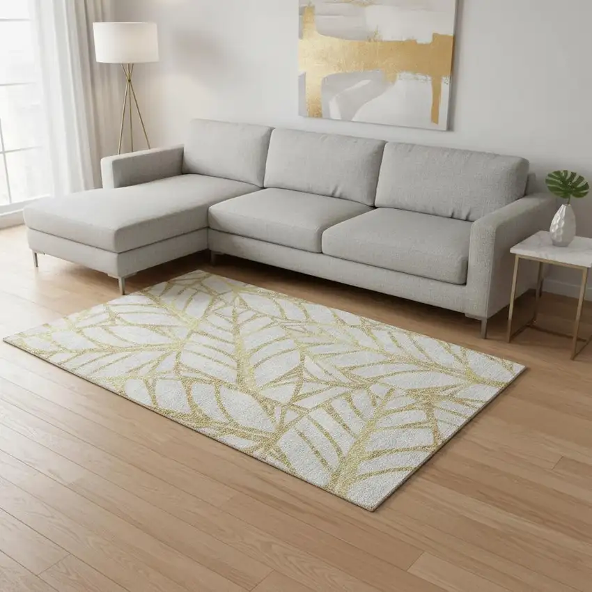 Gold And Beige Floral Washable Area Rug With UV Protection Photo 2