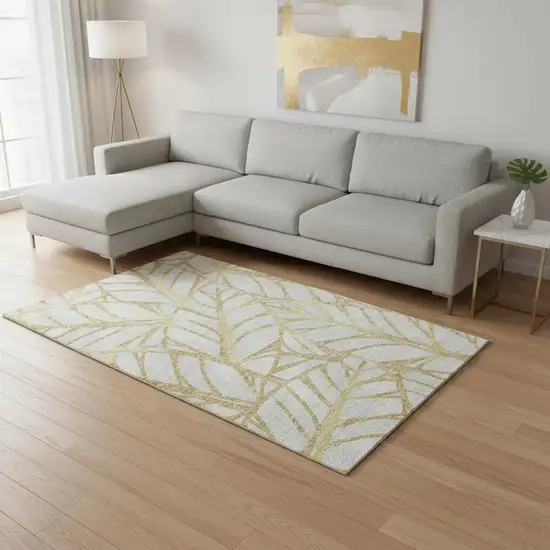 Gold And Beige Floral Washable Area Rug With UV Protection Photo 2